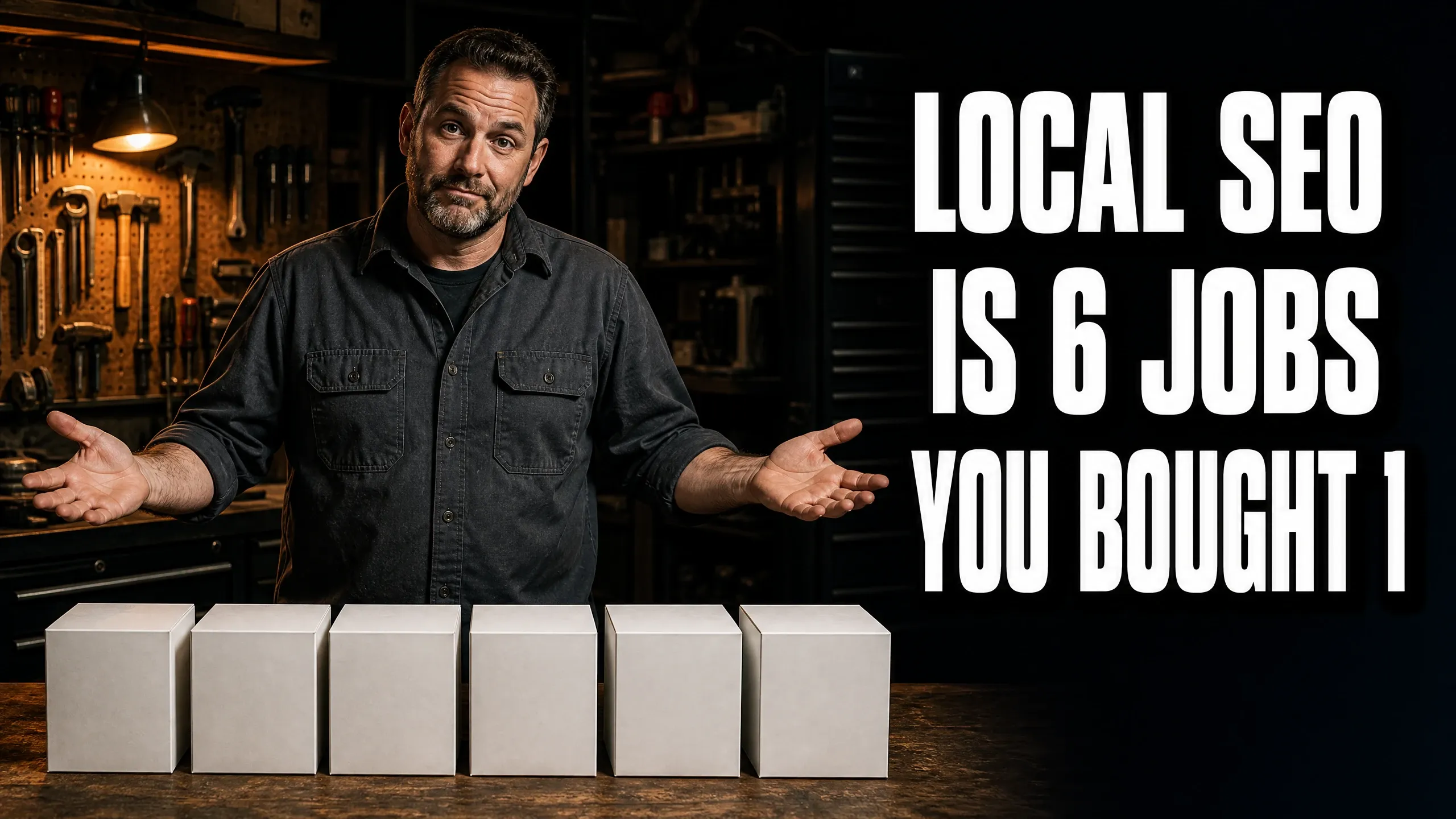 Man gesturing with hands in front of five white boxes, emphasizing the message "Local SEO