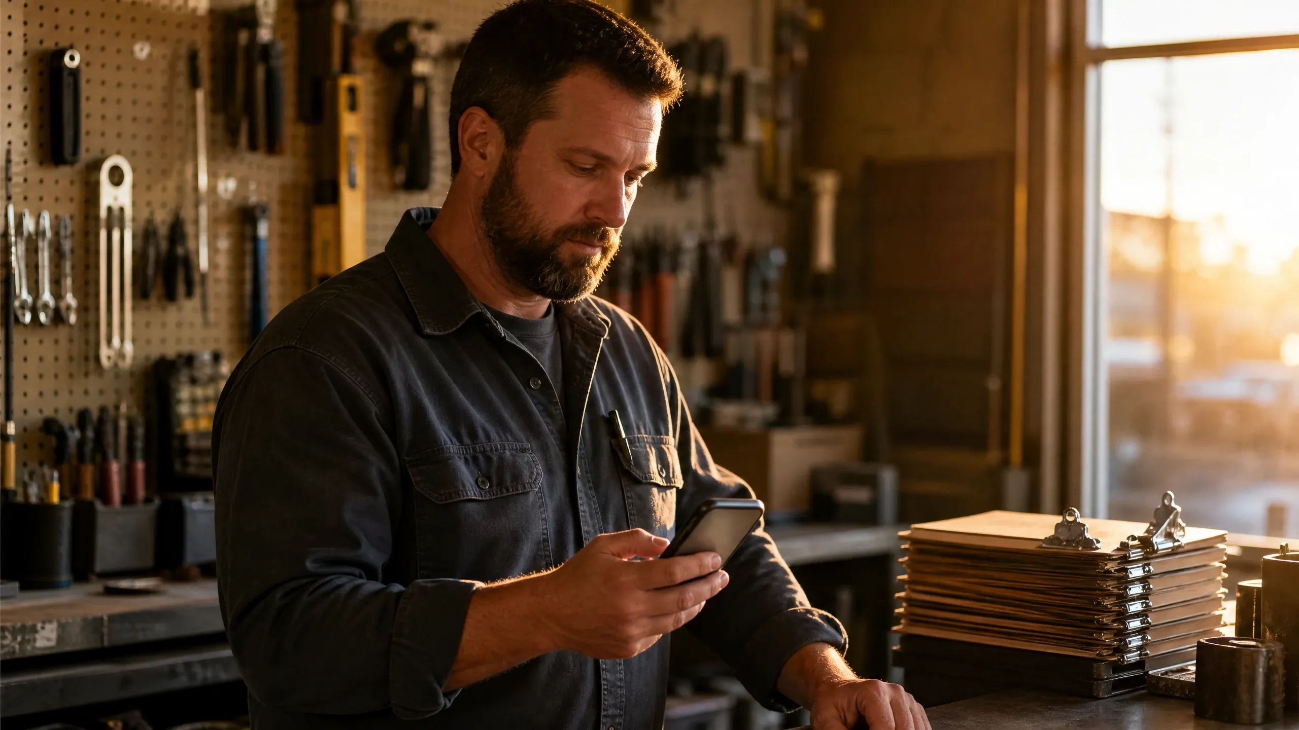 Home service contractor examining smartphone in workshop, illustrating the need for compliant reputation management software