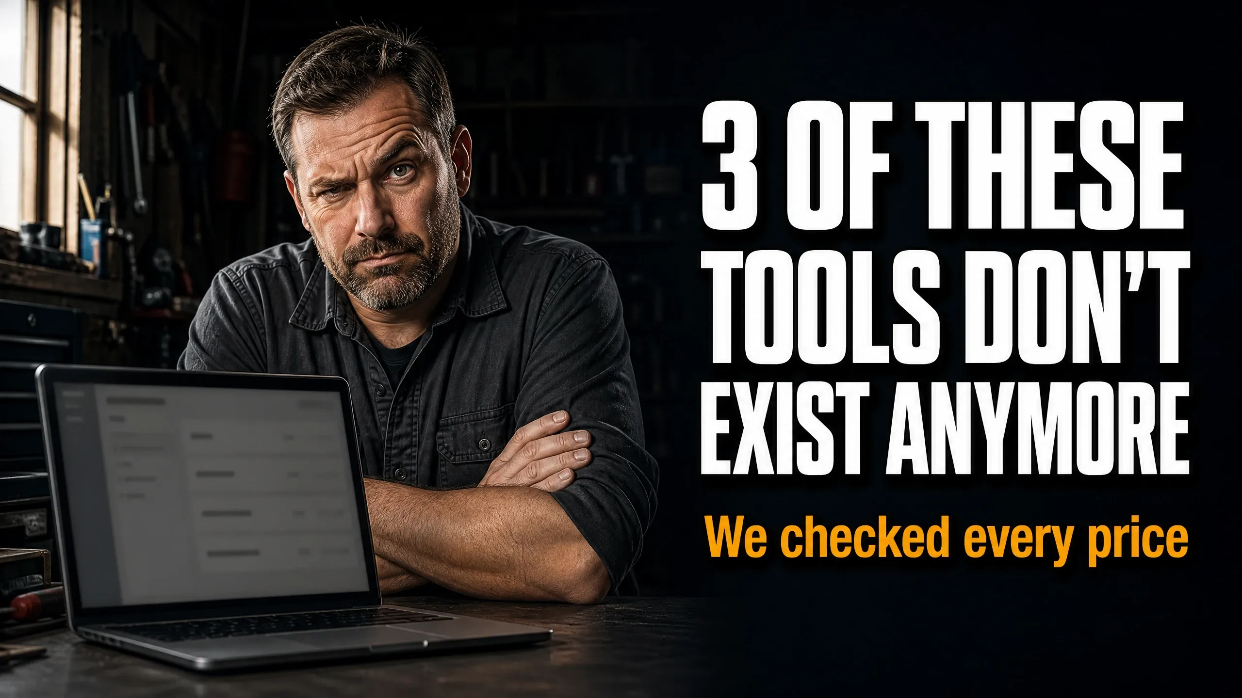 Contractor examining laptop in workshop, highlighting reputation management software review, with text emphasizing pricing checks