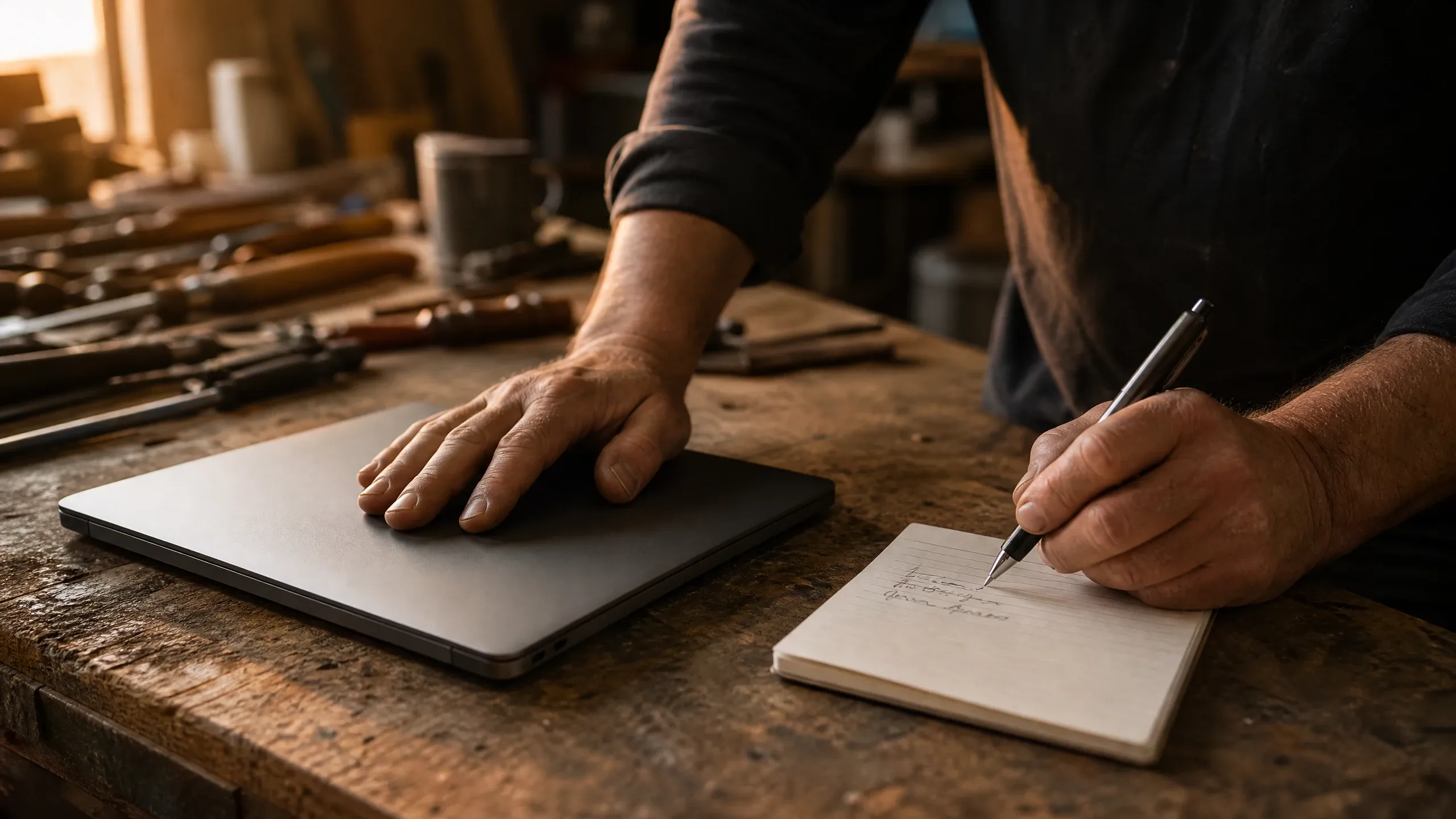 Home service contractor using a tablet and notebook to evaluate BrightLocal alternatives and local SEO