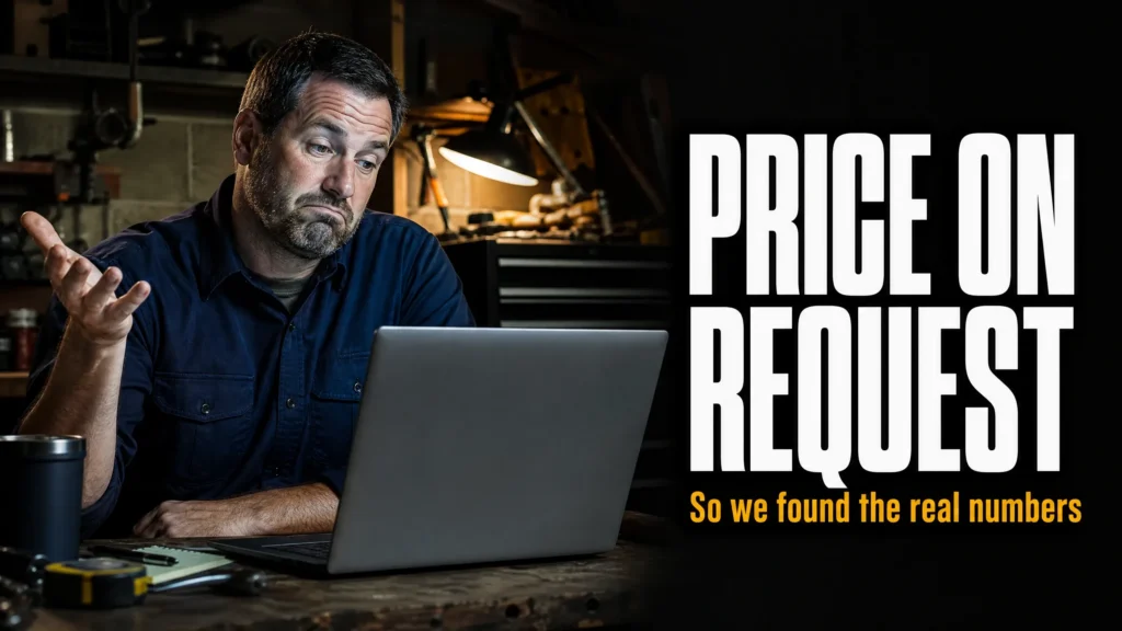 Concerned contractor looking at a laptop displaying "Price on Request," highlighting challenges with local SEO