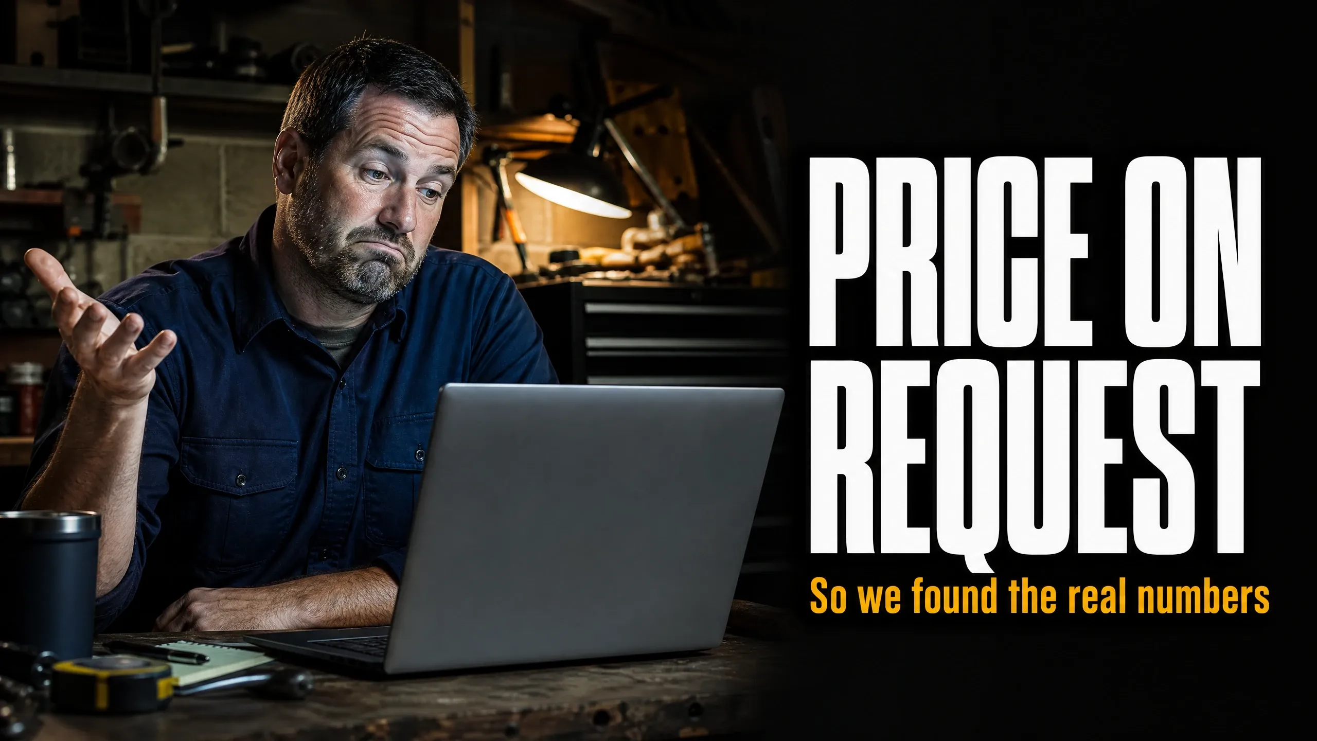 Home service contractor looking concerned at laptop displaying "Price on Request" highlighting BrightLocal alternatives