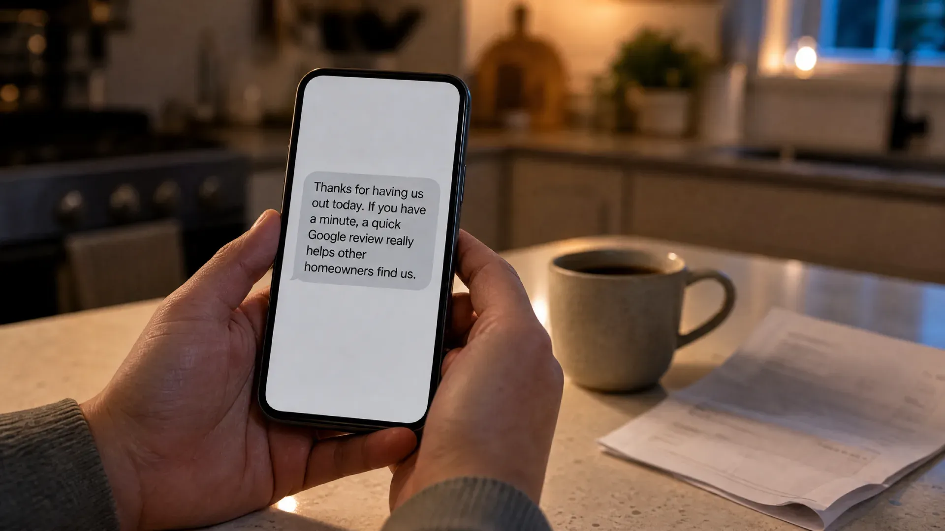 Hand holding a smartphone displaying a request for a Google review, illustrating how authentic customer