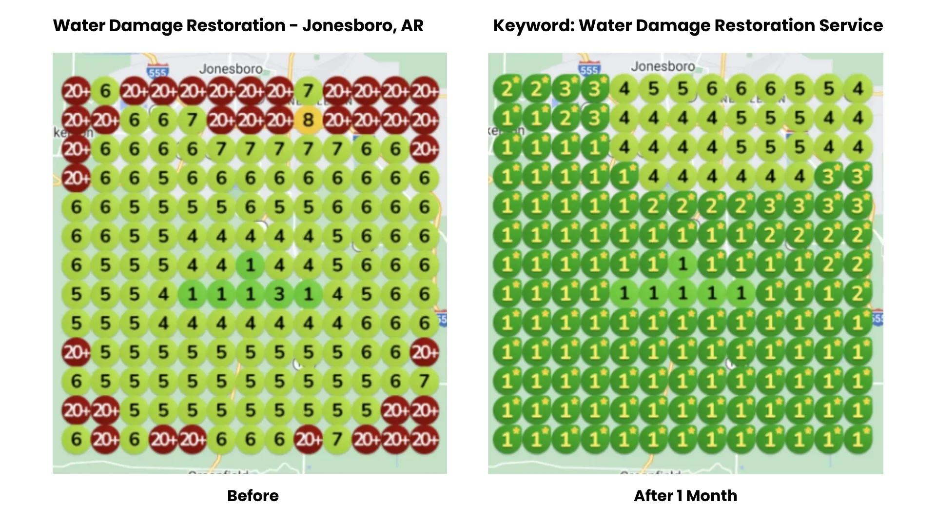 Heatmap visualization of water damage restoration service rankings in Jonesboro, Arkansas, demonstrating visibility improvements after