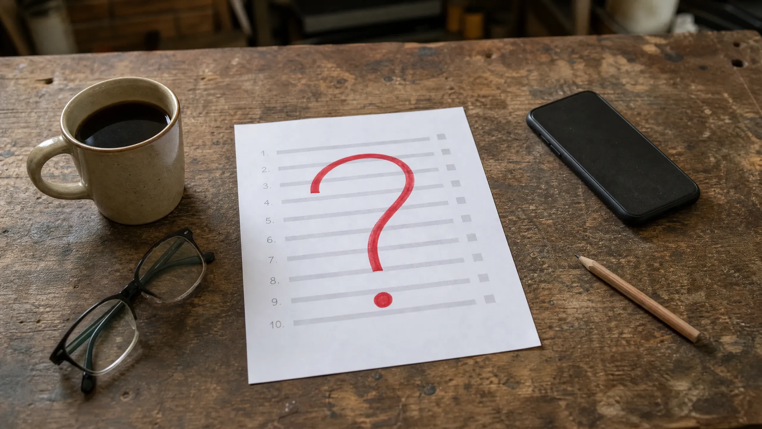 Coffee cup, eyeglasses, smartphone, and a paper with a large red question mark