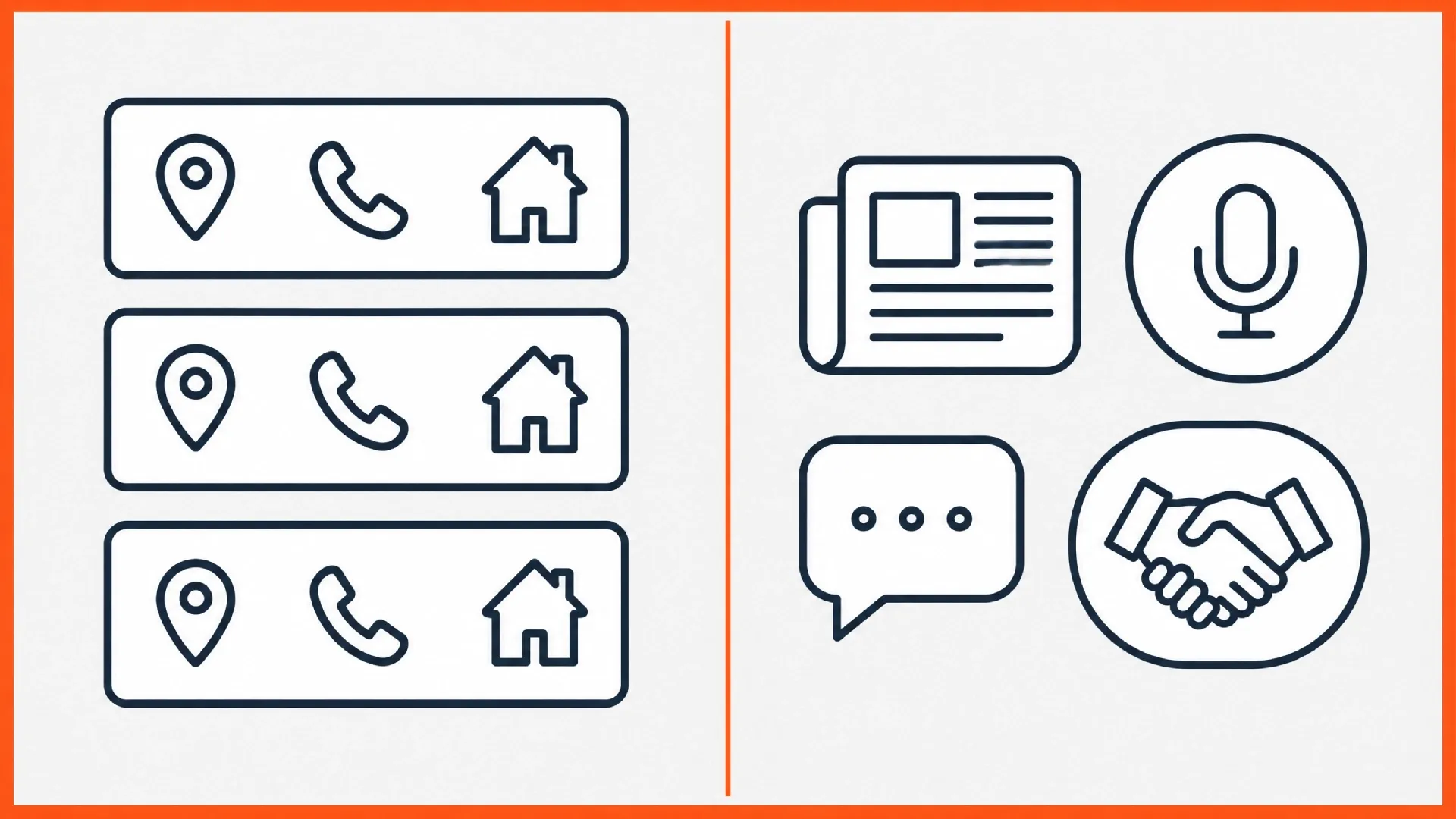 Icons illustrating structured local citations for contractors, including location, phone, and address, alongside icons representing