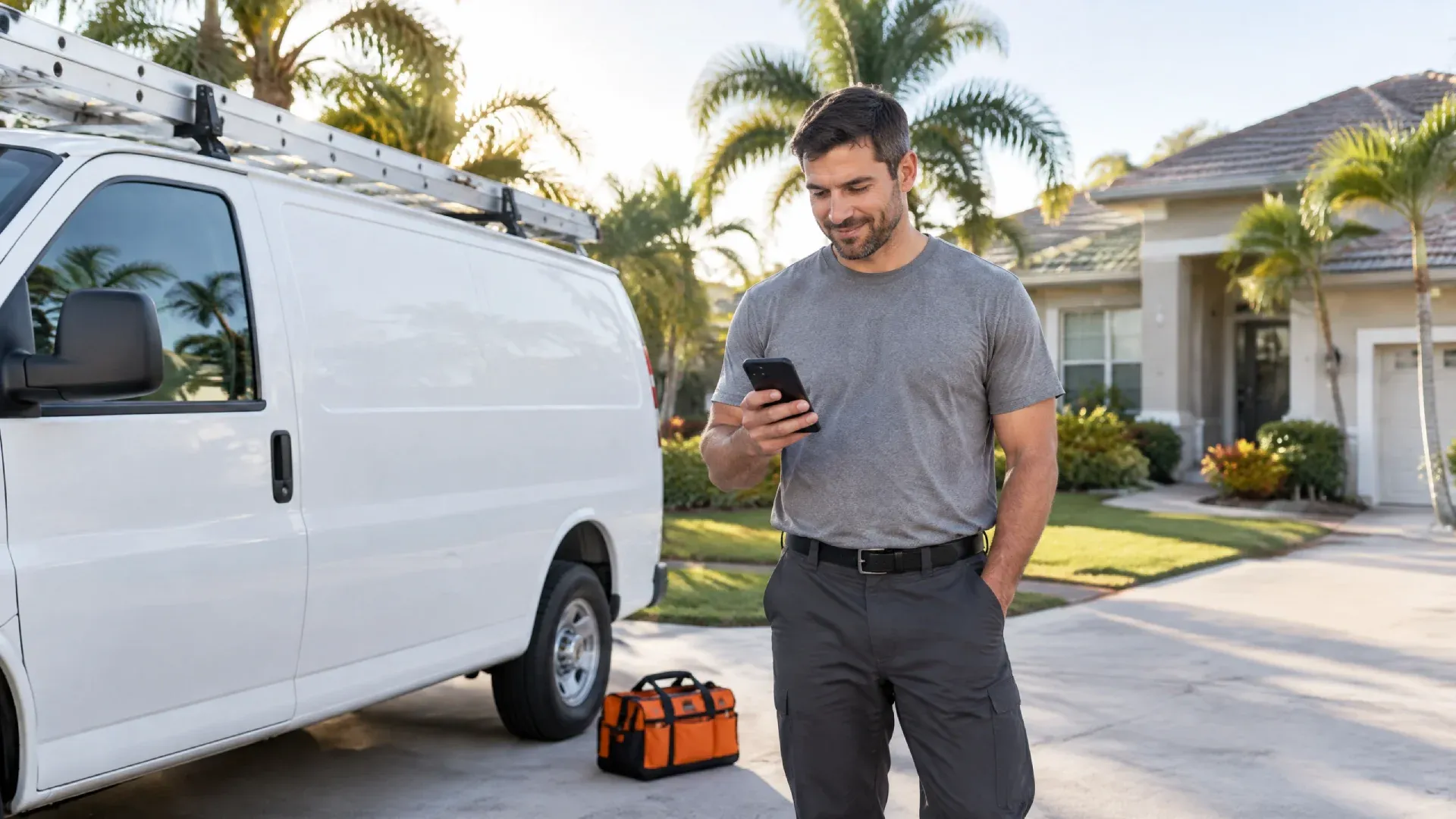 Contractor checking local citations on smartphone near van, illustrating how to get named in Google