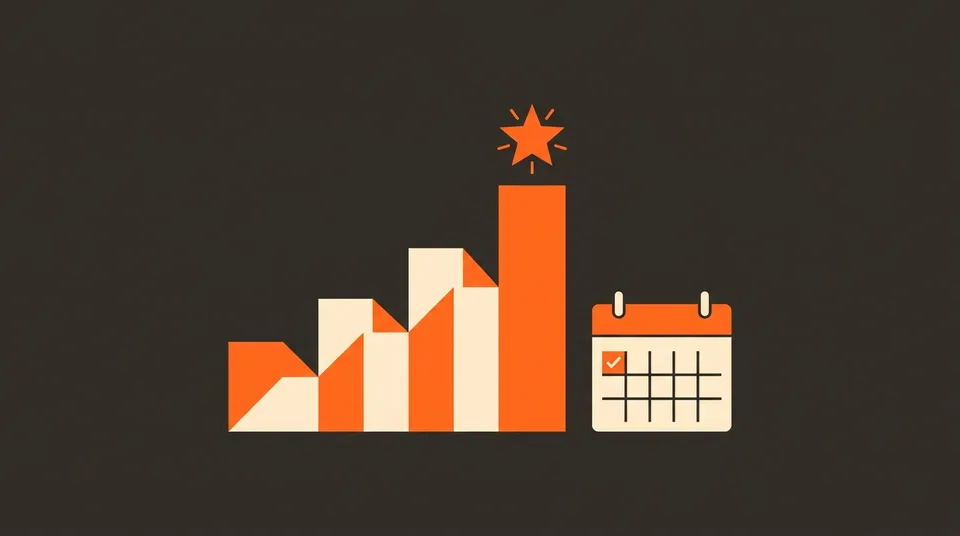 Gráfico ascendente con un calendario, representando la revisión mensual de desempeño de la gestión de