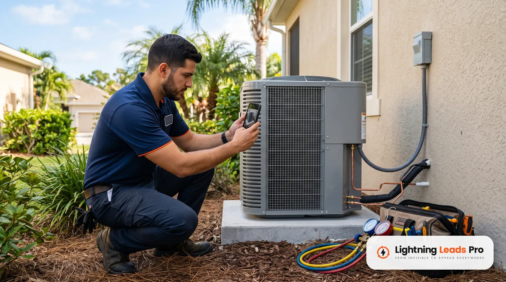 T&eacute;cnico hispano de aire acondicionado fotografiando con su celular una unidad reci&eacute;n instalada para subir la foto a su Perfil de Negocio de Google.