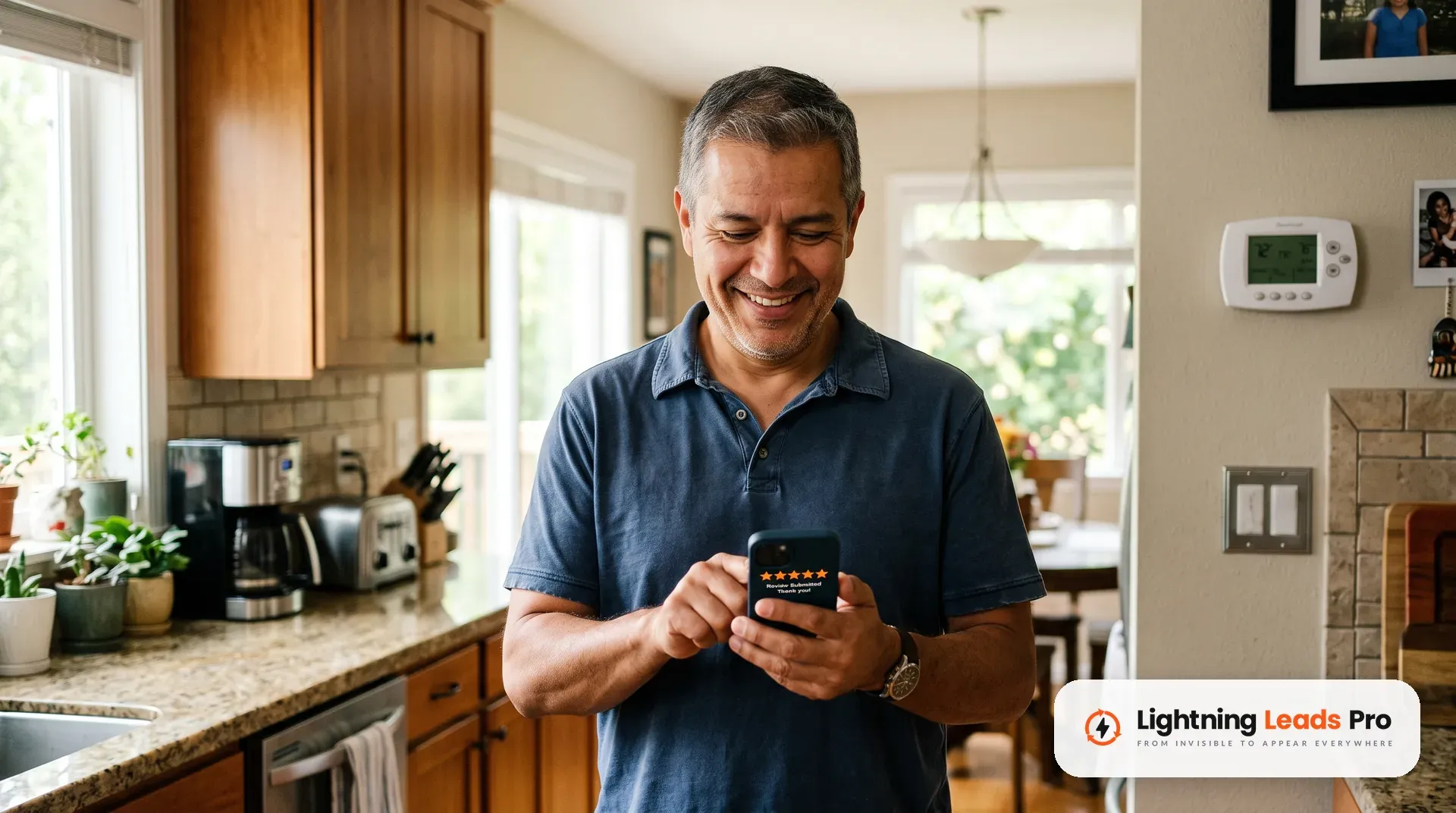 Cliente satisfecho escribiendo una rese&ntilde;a de cinco estrellas en su celular en la cocina de su casa