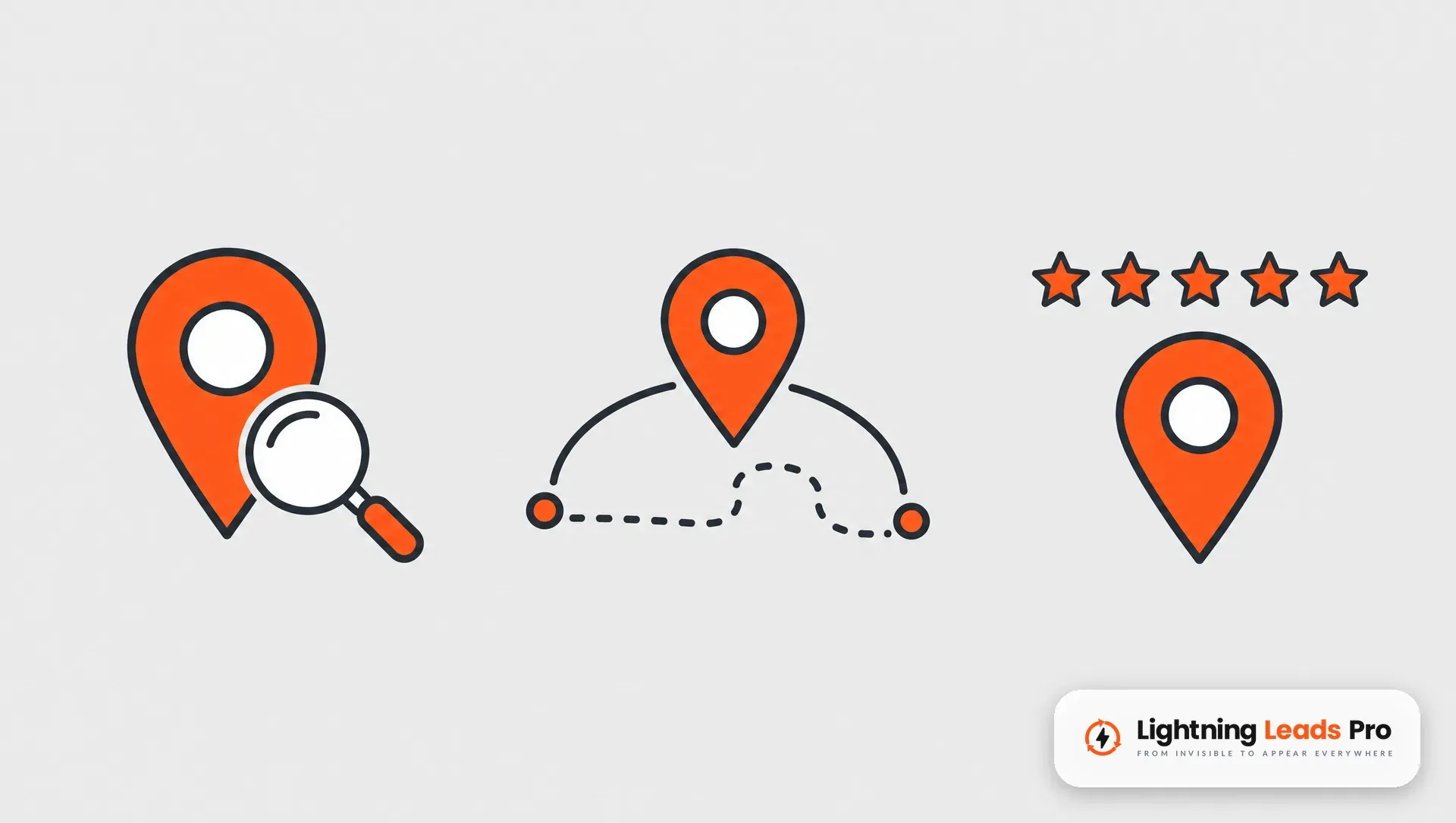 Ilustraci&oacute;n de tres pines de mapa que representan relevancia, distancia y prominencia, los tres factores que Google usa para posicionar un negocio local.