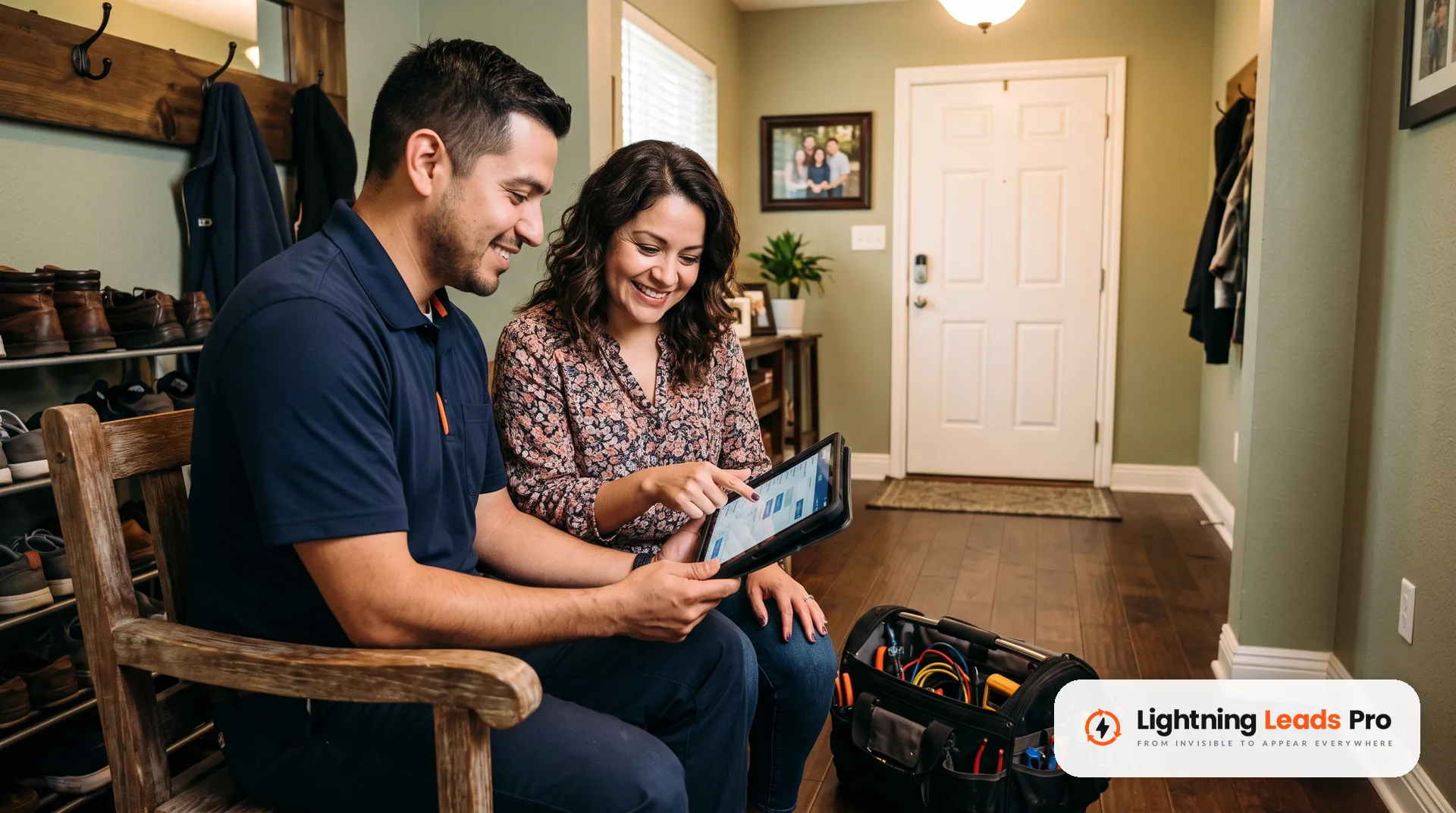 Homeowner confirms her email address on a technician's tablet at the end of a service visit