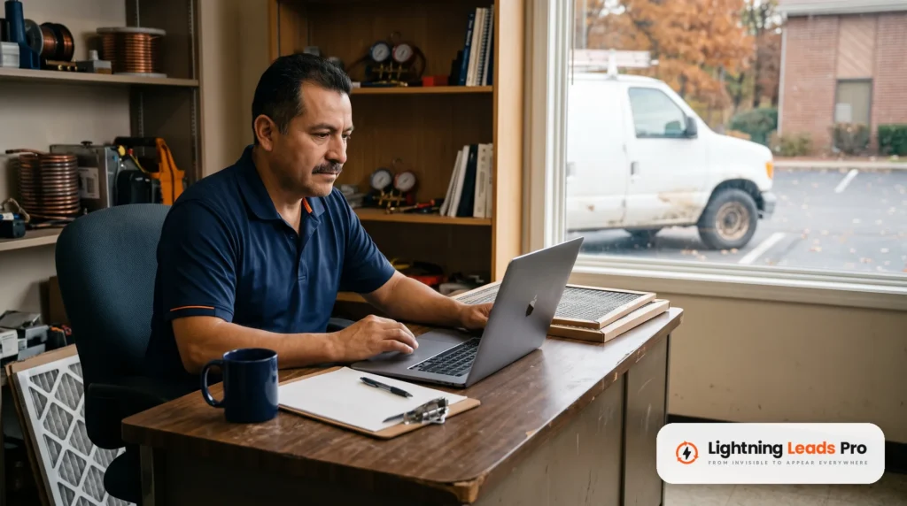 HVAC company owner at his office desk planning emails to past customers on a laptop