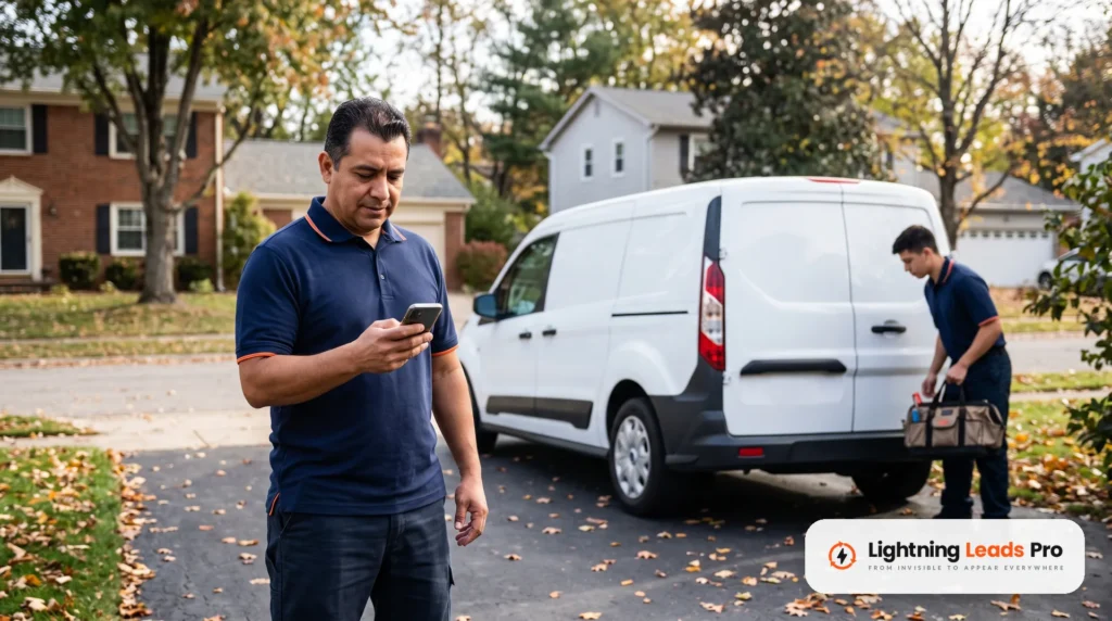 HVAC owner checks a new service request on his phone beside a white van while a technician unloads tools