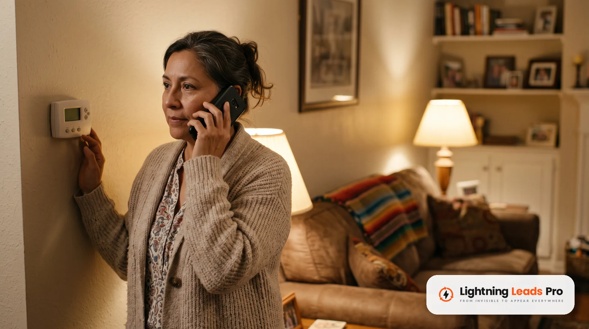 Homeowner calls an HVAC company from her living room while standing next to the thermostat