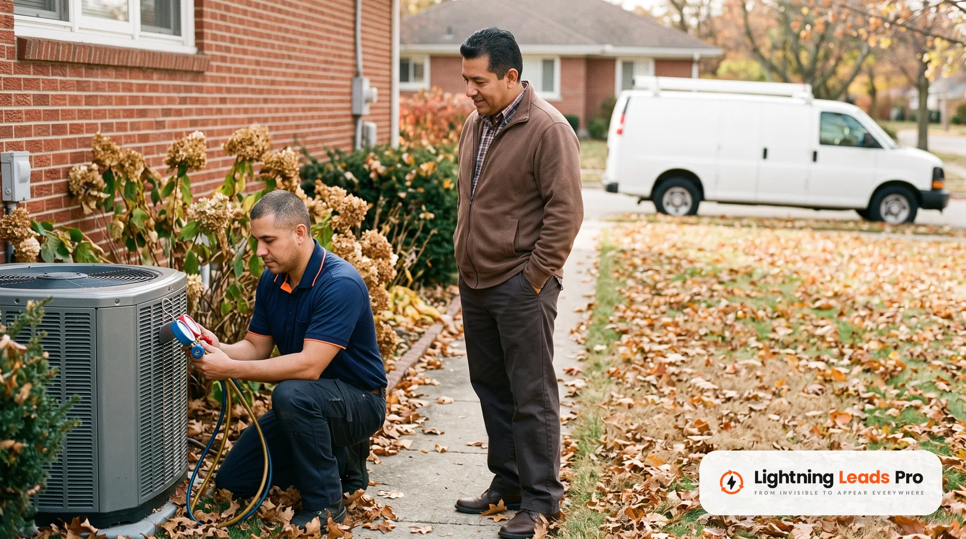 HVAC technician checks an outdoor heat pump with a gauge set in late fall as the homeowner watches