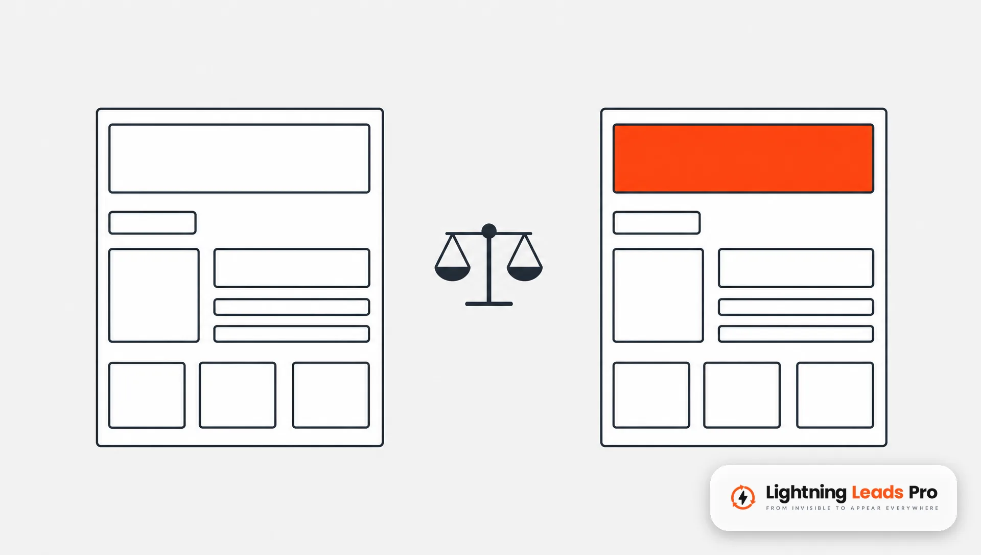 Flat graphic of two matching web pages side by side where only the top headline block differs