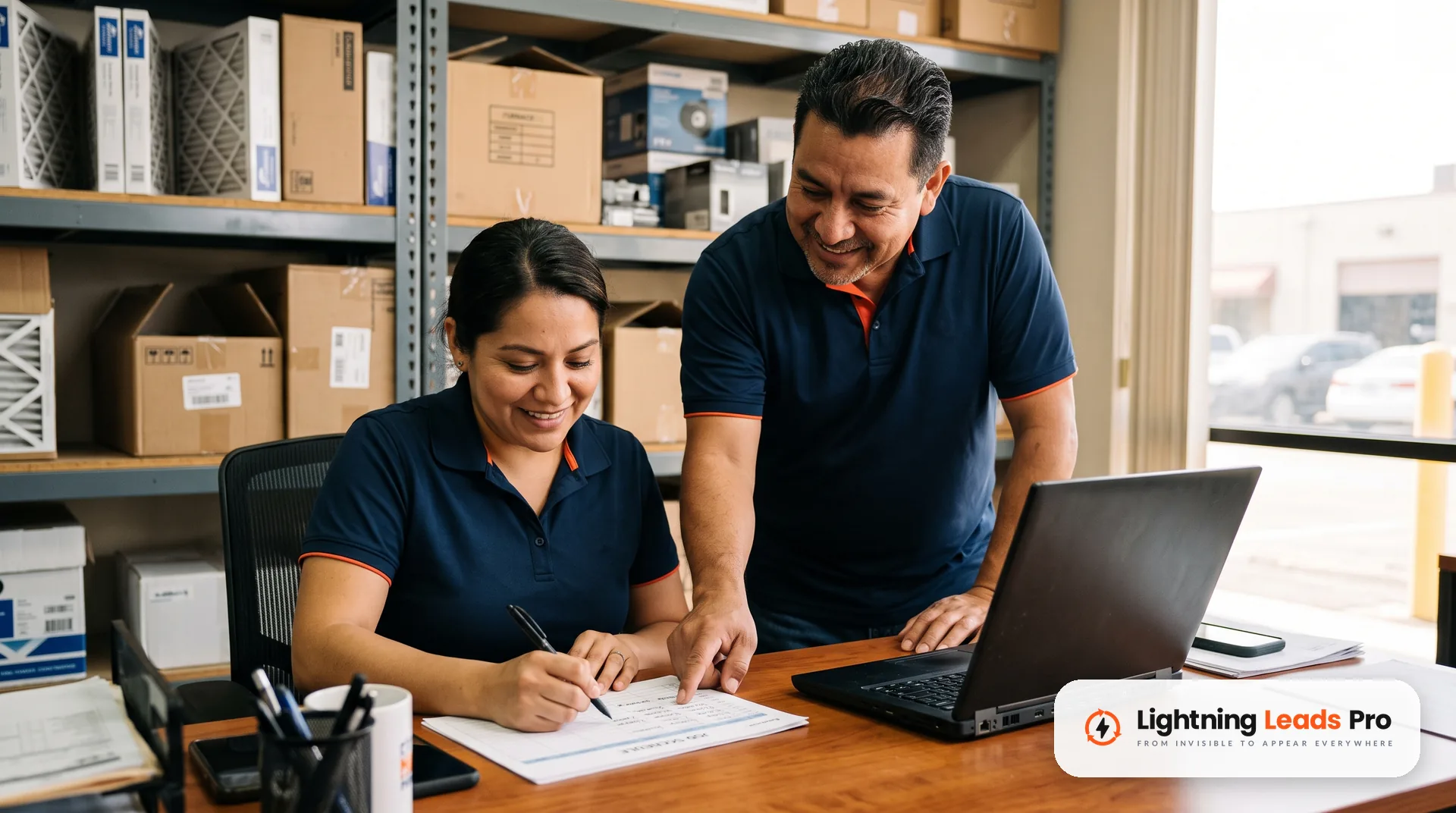 Office manager and HVAC owner review the week's booked jobs at the office desk
