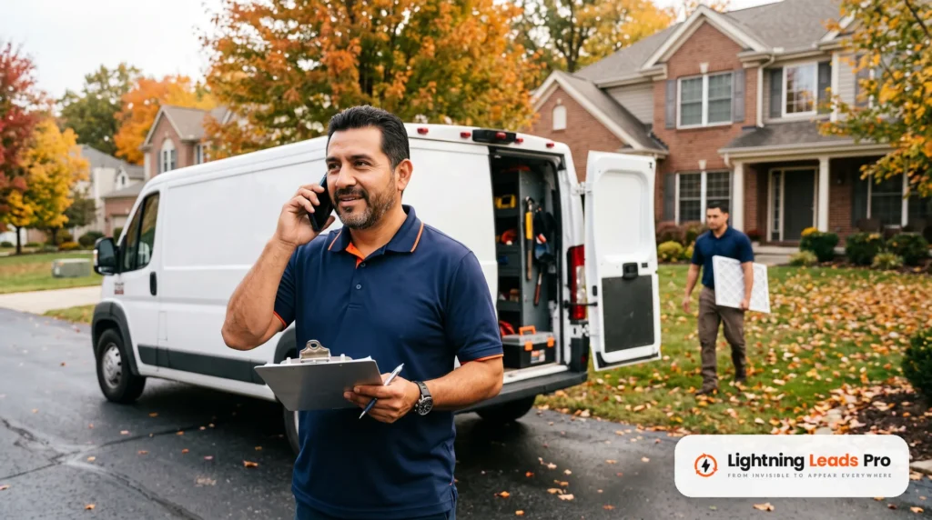 HVAC owner answers a new customer call beside his service van while a technician heads to a job