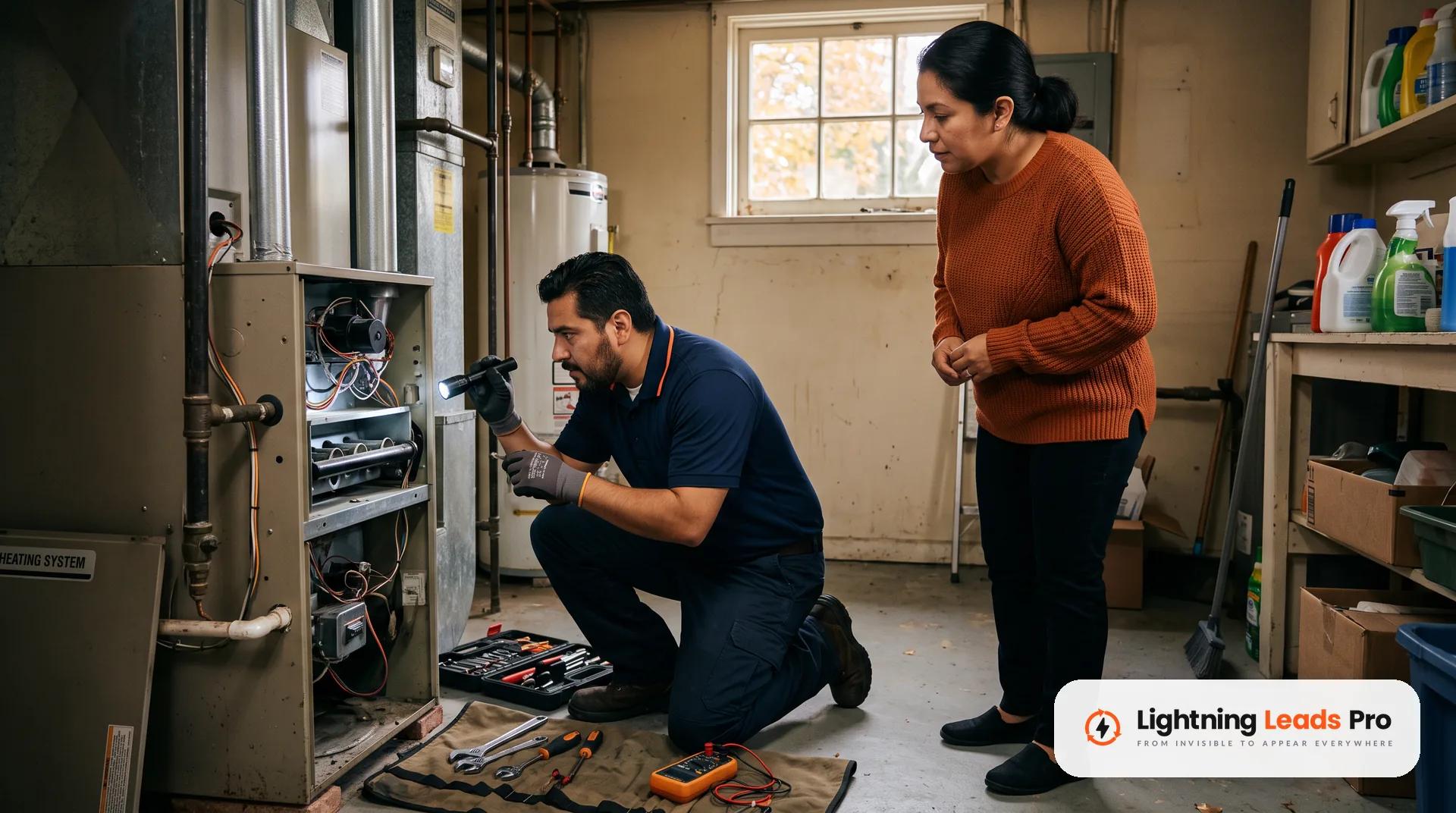 HVAC technician checks a home furnace while the homeowner watches in the utility room