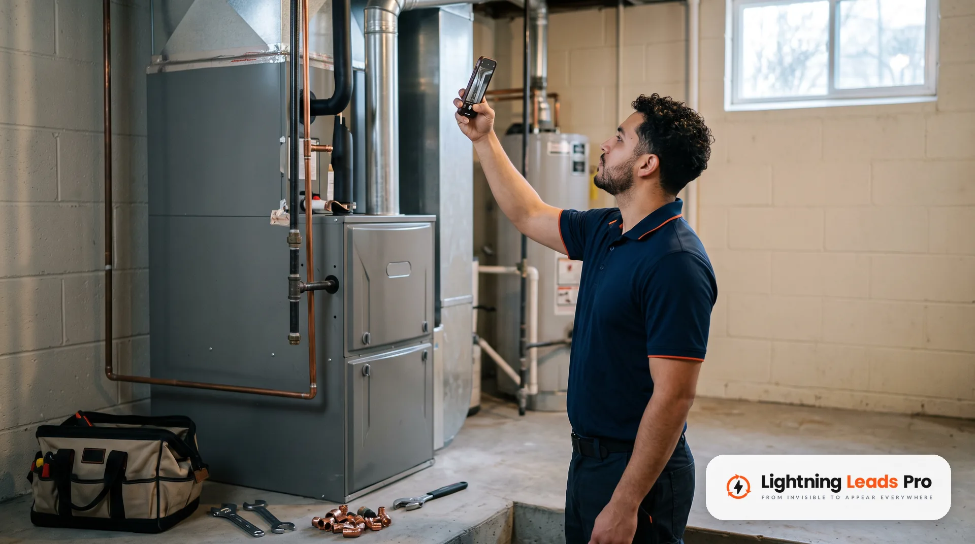 HVAC technician photographs a finished furnace install with his phone in a basement