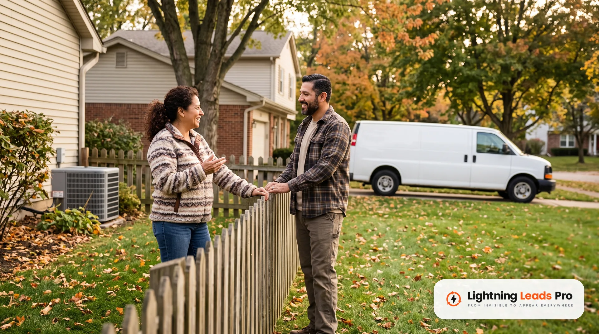 Dos vecinos conversan sobre una cerca en oto&ntilde;o, con una camioneta de trabajo estacionada detr&aacute;s de ellos