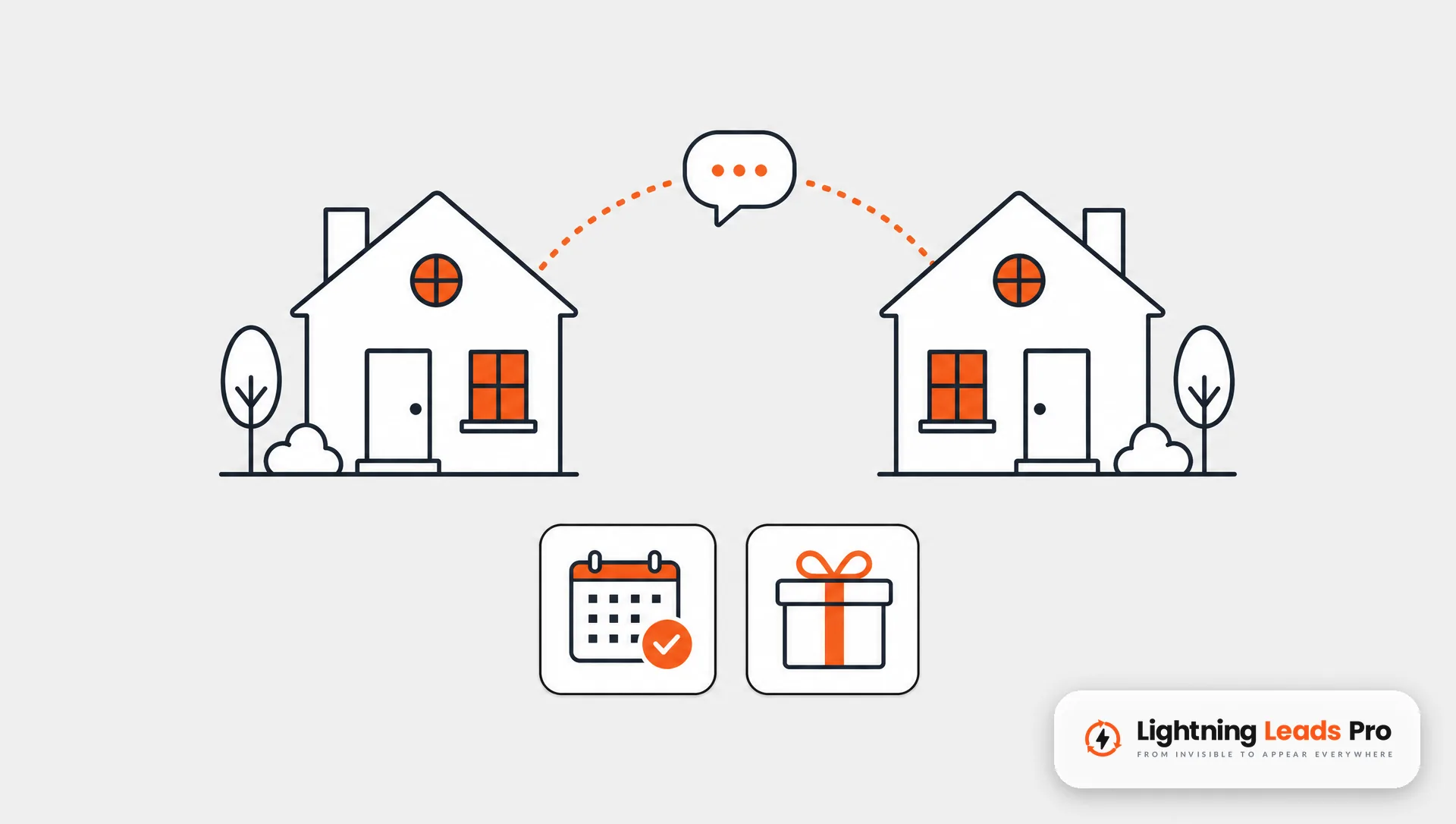 Dos casas unidas por una l&iacute;nea punteada con un globo de di&aacute;logo, luego un calendario con una marca y una caja de regalo