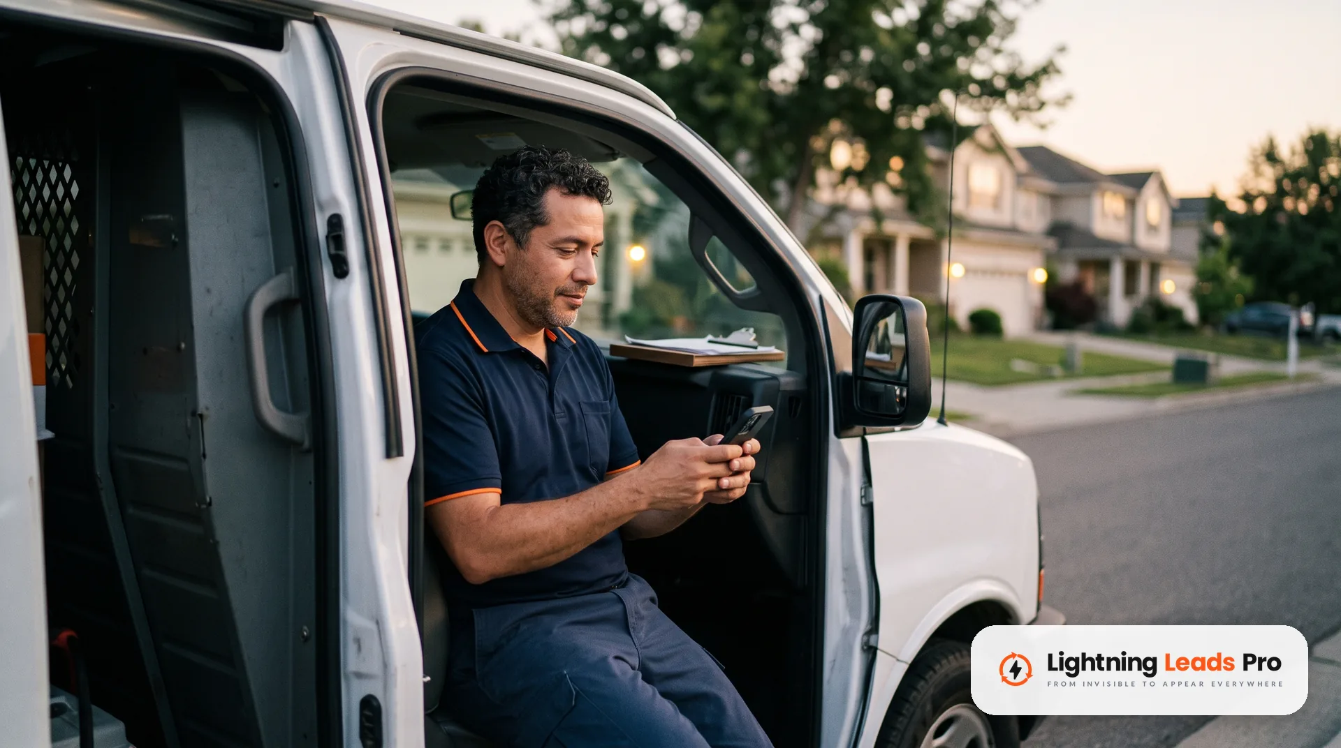 Due&ntilde;o de un negocio de aire acondicionado revisa mensajes de clientes en su tel&eacute;fono desde la camioneta de trabajo